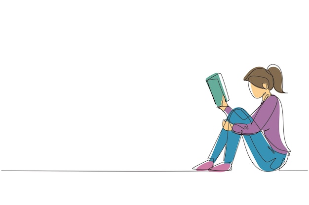 Una sola línea continua dibujando a una mujer joven sentada en el suelo leyendo un libro estudiando una ilustración.