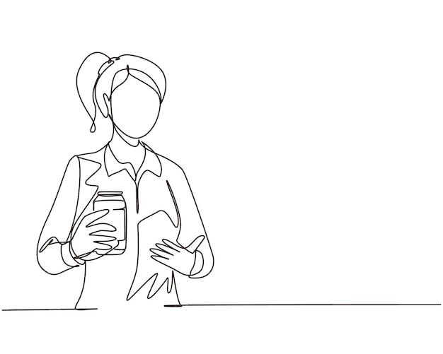 Una sola línea continua dibujando a una mujer joven sosteniendo y mostrando refresco de soda en una lata sentada.