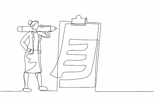 Una sola línea continua dibujando a una mujer de negocios activa con una ilustración vectorial de diseño de lápiz gigante