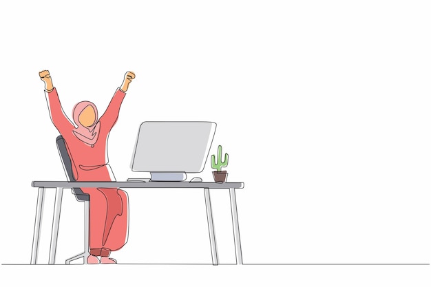 Una sola línea continua dibujando una mujer de negocios árabe feliz sentada con las manos levantadas celebrando su salario