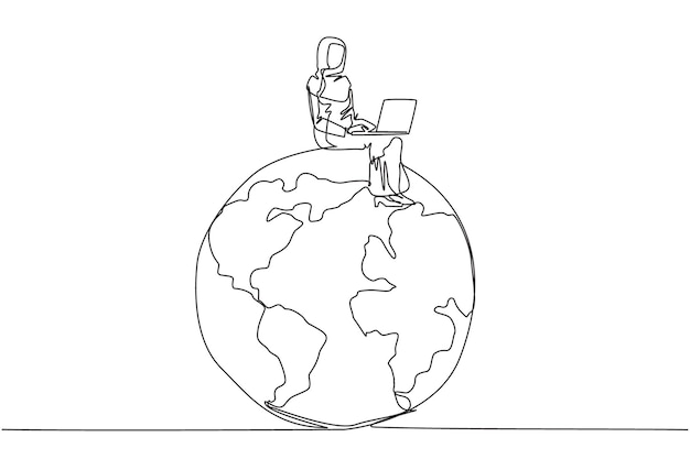 Una sola línea continua dibujando una mujer de negocios árabe sentada en un globo gigante escribiendo en la computadora