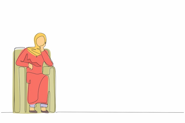 Una sola línea continua dibujando a una mujer de negocios árabe sentada en el sofá sintiéndose estresada vector de diseño