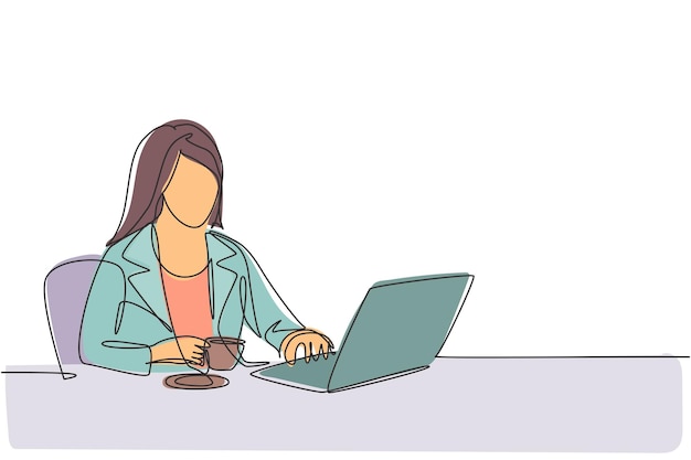 Una sola línea continua dibujando a una mujer de negocios escribiendo ideas en una computadora portátil mientras sostiene un vector de café