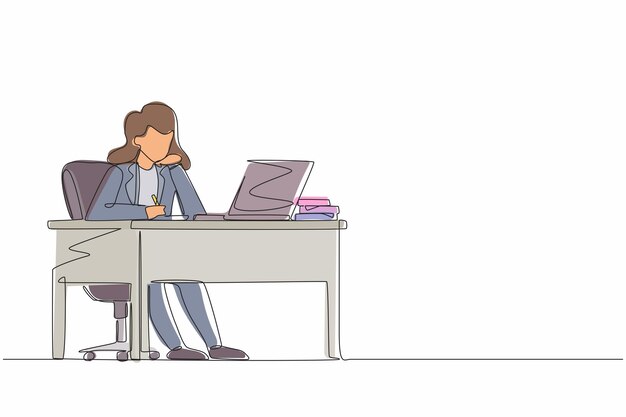 Una sola línea continua dibujando a una mujer de negocios escribiendo sentada frente a una computadora portátil vector de diseño
