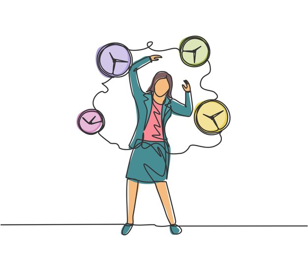 Una sola línea continua dibujando a una mujer de negocios estresada rodeada de relojes analógicos voladores vectoriales