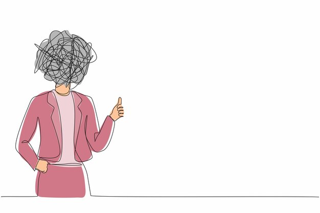 Una sola línea continua dibujando a una mujer de negocios con garabates redondos en lugar de un signo de pulgar hacia arriba