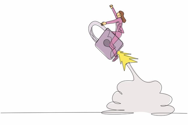 Una sola línea continua dibujando a una mujer de negocios montando un cohete con candado volando en el cielo vector de diseño