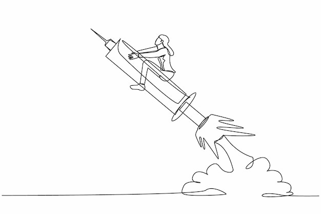 Una sola línea continua dibujando a una mujer de negocios montando un cohete de jeringa volando en el vector de diseño del cielo