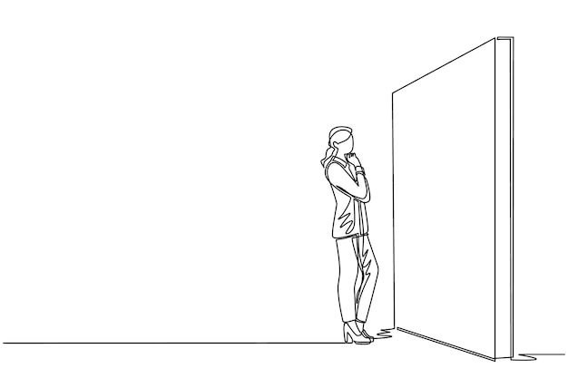 Una sola línea continua dibujando a una mujer de negocios pensando frente a un gran obstáculo o un vector de diseño de pared