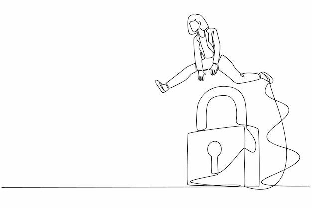 Una sola línea continua dibujando mujer de negocios saltando gran cerradura seguridad de protección de negocios