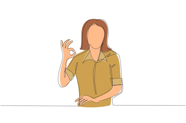 Una sola línea continua dibujando mujer ropa casual gestando el signo de OK OK lenguaje de señas