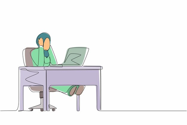 Una sola línea continua dibujando mujer trabajadora de oficina cansada mujer árabe mujer trabajando en la computadora portátil sintiéndose mal