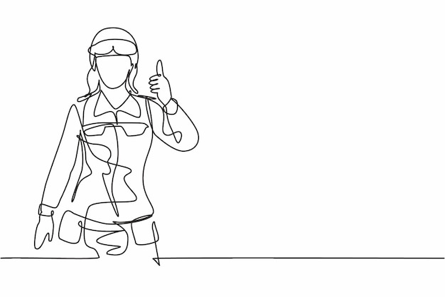 Una sola línea continua dibujando mujeres soldado con gafas, uniformes completos y gestos con el pulgar hacia arriba.