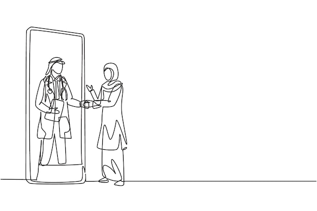 Una sola línea continua dibujando un paciente con hijab estrechando la mano con un médico masculino en un concepto médico telefónico