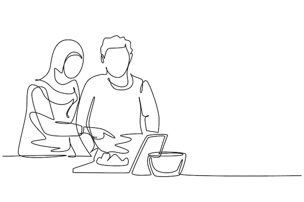 Una sola línea continua dibujando una pareja árabe cocinando juntos viendo tutoriales de tecnología moderna