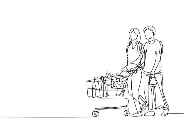 Una sola línea continua dibujando una pareja romántica empujando el carrito y comprando en el vector del hipermercado