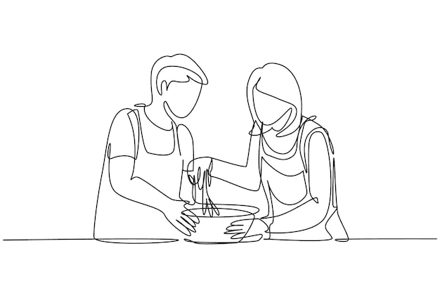 Una sola línea continua dibujando una pareja romántica feliz amasando masa de pastel usando un mezclador manual