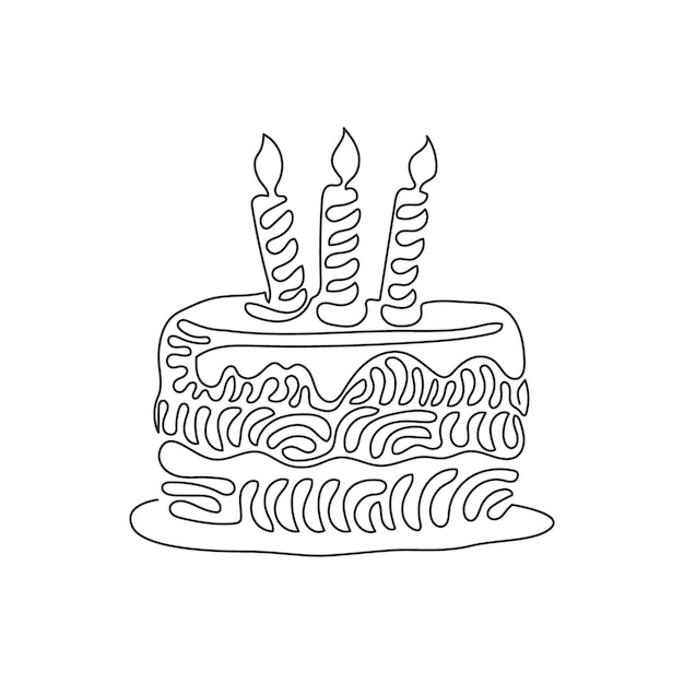 Una sola línea continua dibujando pastel de cumpleaños con tres velas encendidas Delicioso postre plato principal