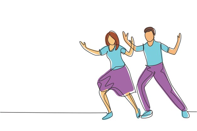 Una sola línea continua dibujando personas bailando salsa parejas hombre y mujer en el vector de diseño de baile