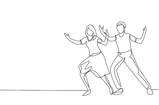 Una sola línea continua dibujando personas bailando salsa parejas hombre y mujer en el vector de diseño de baile