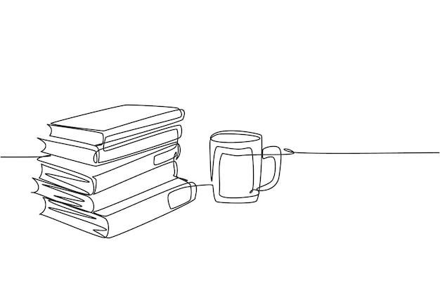 Una sola línea continua dibujando una pila de libros con una taza de café capuchino en el vector de la biblioteca pública