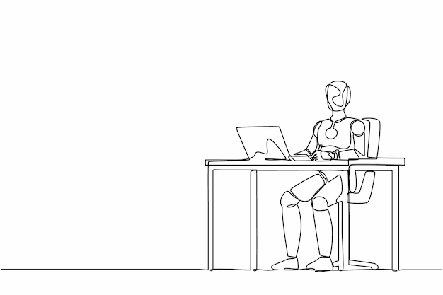 Una sola línea continua dibujando robot escribiendo sentado frente a la computadora portátil en la ilustración vectorial de la mesa