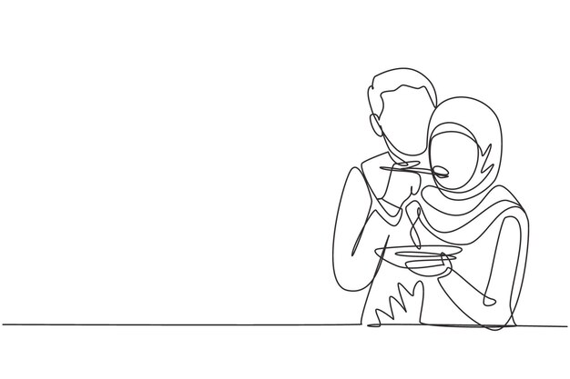 Una sola línea continua dibujando romántico hombre árabe alimentando a su esposa para el desayuno disfrutar de un momento romántico