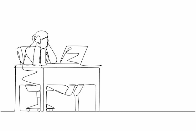Una sola línea continua dibujando a una trabajadora de oficina cansada, un personaje femenino, una chica trabajando en una computadora portátil que se siente mal.