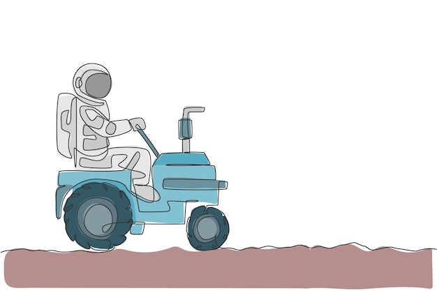 Una sola línea continua dibujando un tractor cosmonauta nivelando y aplanando el suelo en un vector lunar