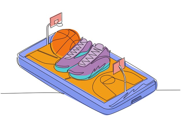 Vector una sola línea continua dibujando zapatos de baloncesto y bolas de baloncestro en el vector de la pantalla del teléfono inteligente