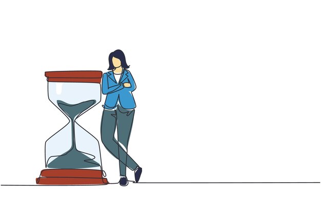 Una sola línea continua de dibujo mujer de negocios apoyarse en un enorme reloj de arena gigante el tiempo es dinero financiero