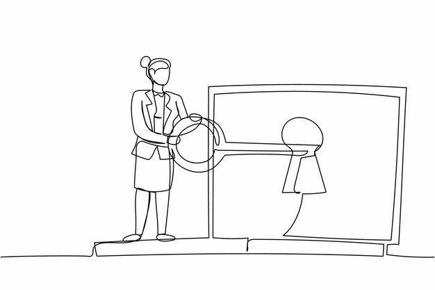 Una sola línea continua de dibujo mujer de negocios puso la llave en la computadora portátil vector de seguridad de Internet
