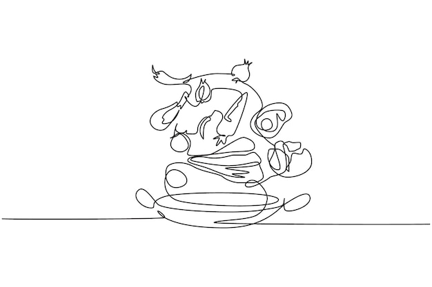 Una sola línea continua de dibujo de la olla se rocía con alimentos como verduras cebollas sal y otros