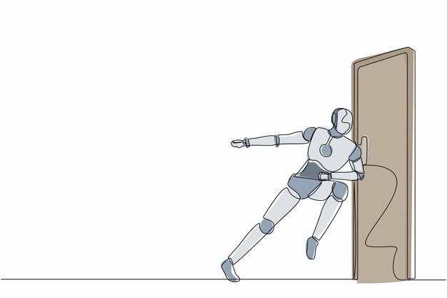 Una sola línea continua de dibujo robots en ejecución quieren romper la puerta tecnología robótica