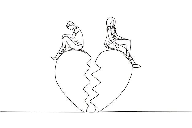 Una sola línea continua de dibujo rompe la relación pareja de corazones rotos frente a la dirección opuesta pareja sentada en una gran forma de corazón roto dibujo dinámico de una línea diseño gráfico ilustración vectorial.