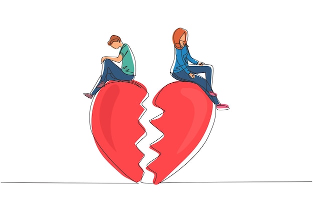 Una sola línea continua de dibujo rompe la relación pareja de corazones rotos frente a la dirección opuesta pareja sentada en una gran forma de corazón roto dibujo dinámico de una línea diseño gráfico ilustración vectorial.