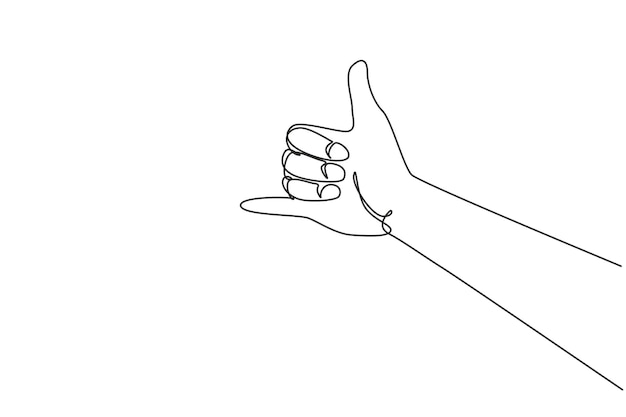 Una sola línea continua dibujo shaka signo gesto de la mano hawaiana signo o símbolo signos no verbales