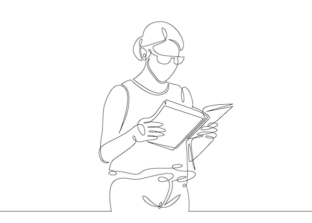 Una sola línea continua es una línea dibujada de un estudiante leyendo a un escritor que está leyendo un libro, un libro de texto El concepto de estudios de educación