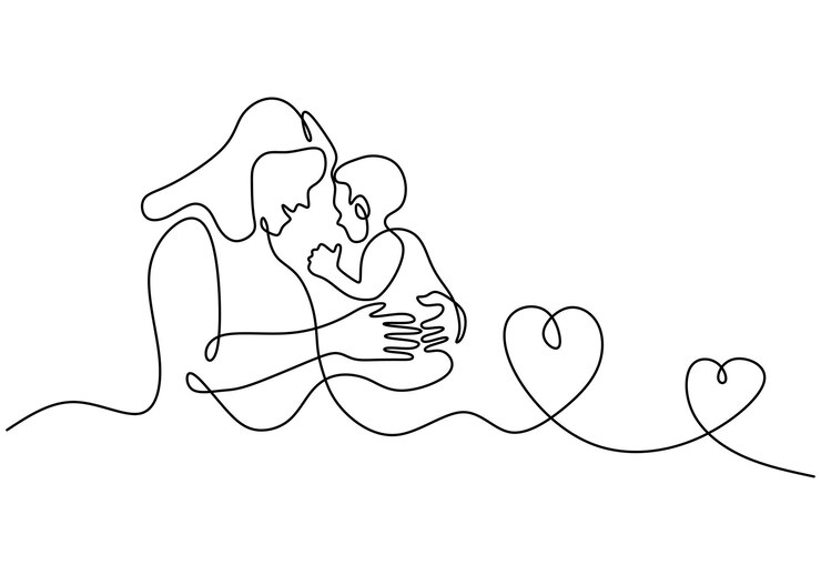 Una sola línea continua de madre lleva a su hijo para el día de la madre aislado en fondo blanco