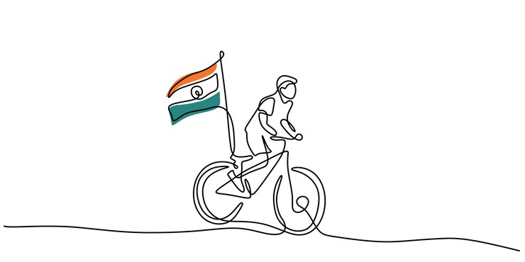 Una sola línea continua de niño trae la bandera india en bicicleta para el día de la república aislado sobre fondo blanco.