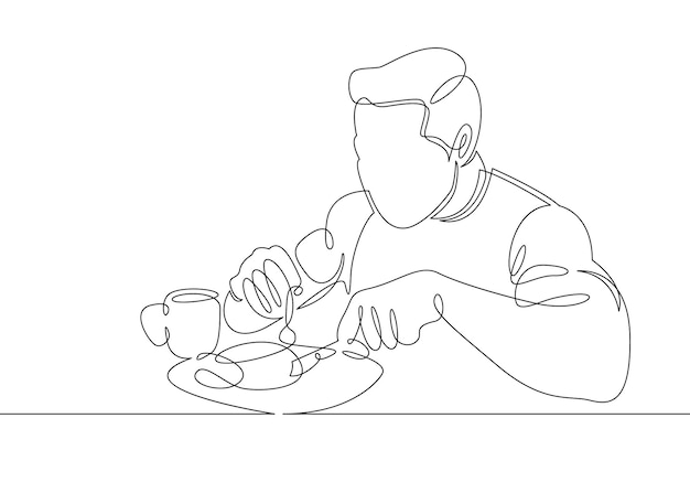 Una sola línea continua un personaje de desayuno de la mañana en la mesa Café huevos fritos té tostadas jugoEl tipo es un hombre que desayuna y bebe café Estilo de vida atlético y saludable