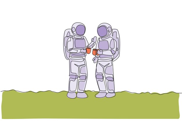 Una sola línea continua que dibuja a dos astronautas de pie y hablando mientras toman café en la luna