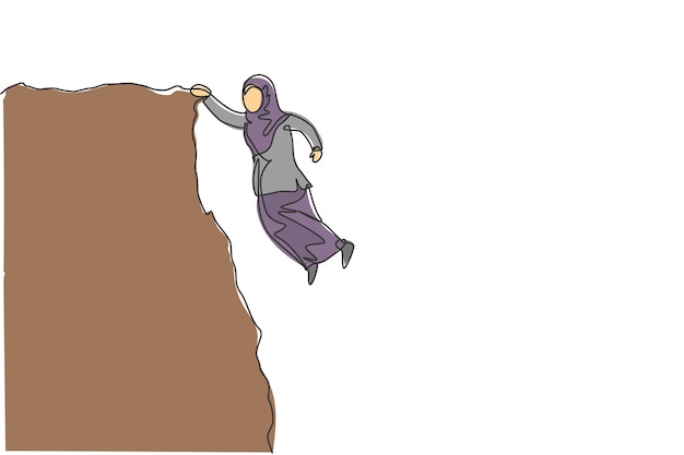 Una sola línea continua que dibuja la lucha de una emprendedora árabe pro colgando del borde del barranco