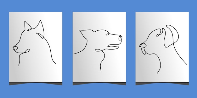 Una sola línea continua de tres lindos carteles de cabeza de perro aislados en fondo azul