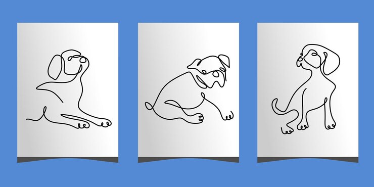 Una sola línea continua de tres lindos perros poster aislado sobre fondo azul.