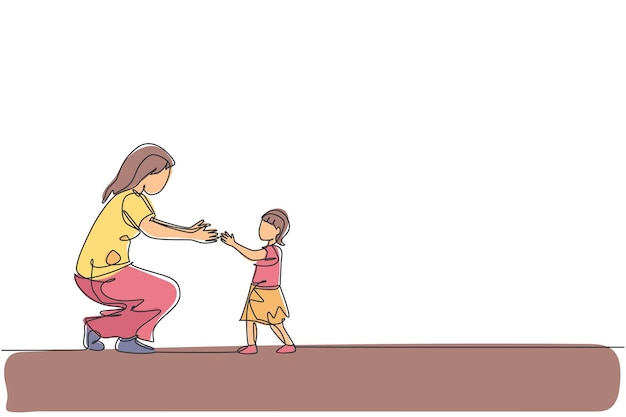 Una sola línea dibuja a una joven madre lista para abrazar a su hija que aprendió a caminar hacia ella en casa