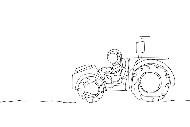 Una sola línea dibujando a un astronauta montando un tractor para nivelar y aplanar el suelo en el vector lunar