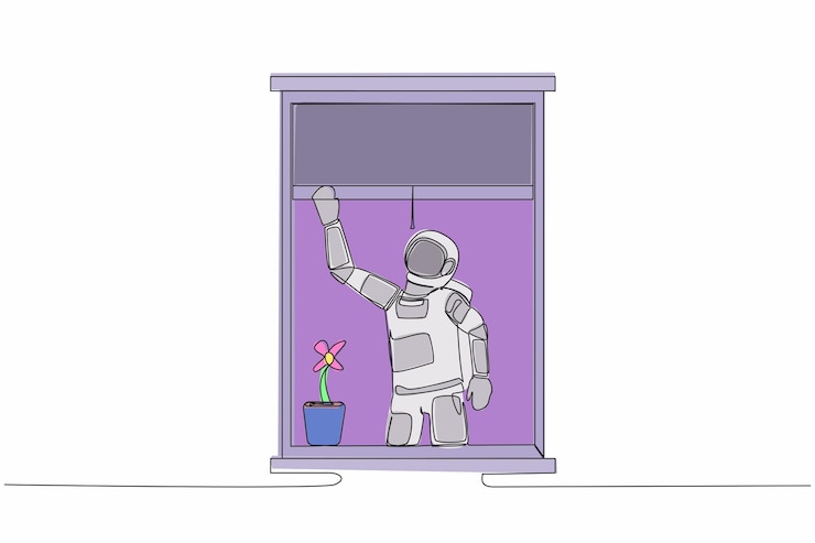 Vector una sola línea dibujando a un astronauta saludando por la ventana como para saludar o invitar a sus amigos a venir