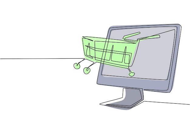 Una sola línea dibujando el carrito de compras fuera de la pantalla del monitor Vector de estilo de vida digital con gadgets