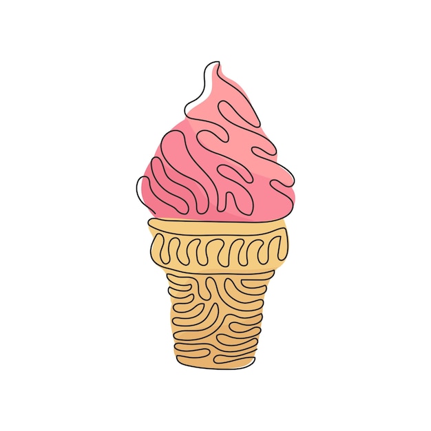 Una sola línea dibujando deliciosos helados en tazas de gofres saboroso helado dulce vector gráfico